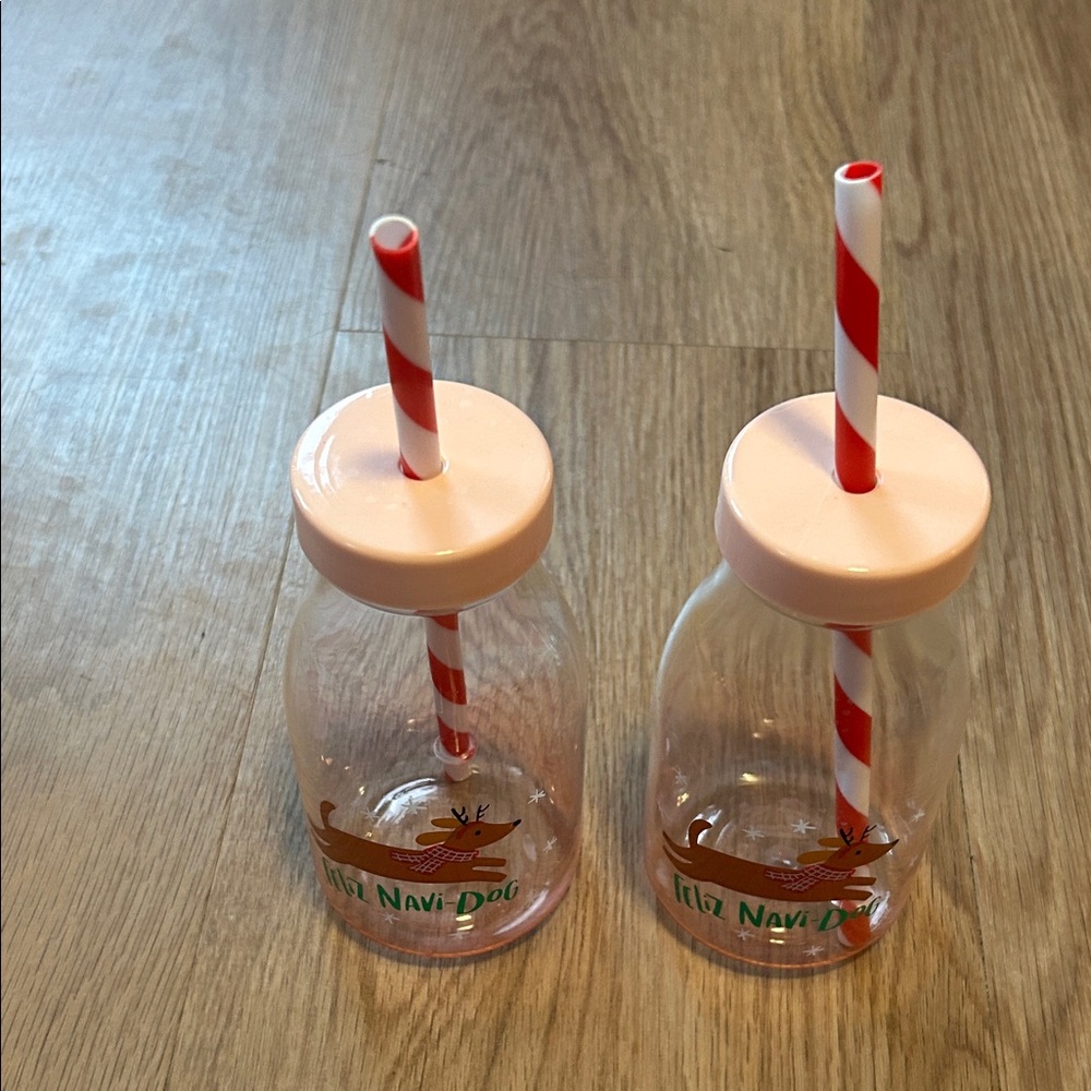 Set of Two Reindeer plastic Bottles with Straws